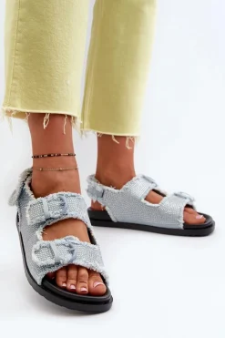 Jeansowe Zdobione Sandały Damskie Niebieskie Irmale