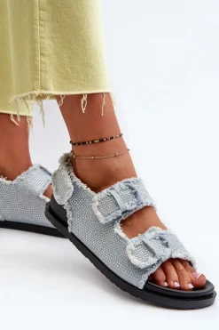 Jeansowe Zdobione Sandały Damskie Niebieskie Irmale