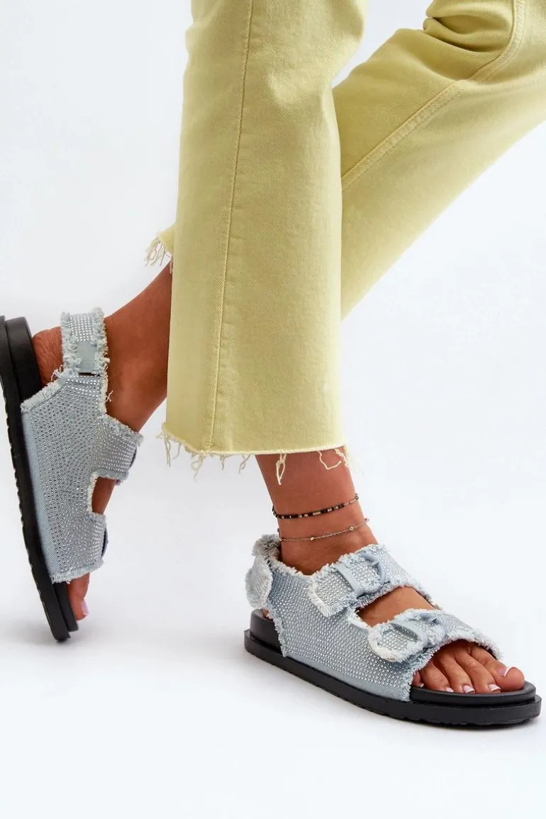 Jeansowe Zdobione Sandały Damskie Niebieskie Irmale