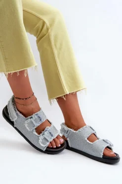 Jeansowe Zdobione Sandały Damskie Niebieskie Irmale