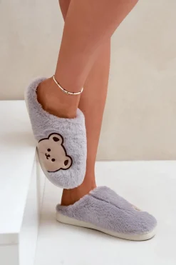 Kapcie Damskie Futrzane Z Misiem Szare Fiorinella