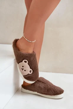 Kapcie Damskie Futrzane Z Misiem Brązowe Fiorinella