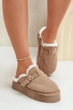 Kapcie Damskie Na Grubej Podeszwie Z Futerkiem I Klamrą Ciemnobeżowe Linneola