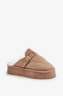 Kapcie Damskie Na Grubej Podeszwie Z Futerkiem I Klamrą Ciemnobeżowe Linneola