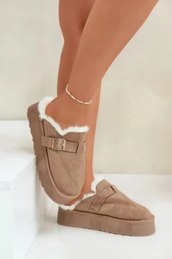 Kapcie Damskie Na Grubej Podeszwie Z Futerkiem I Klamrą Ciemnobeżowe Linneola