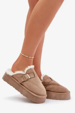 Kapcie Damskie Na Grubej Podeszwie Z Futerkiem I Klamrą Ciemnobeżowe Linneola