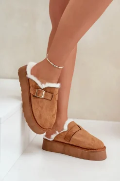 Kapcie Damskie Na Grubej Podeszwie Z Futerkiem I Klamrą Camel Linneola