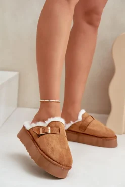 Kapcie Damskie Na Grubej Podeszwie Z Futerkiem I Klamrą Camel Linneola