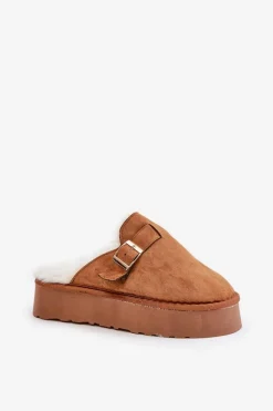 Kapcie Damskie Na Grubej Podeszwie Z Futerkiem I Klamrą Camel Linneola