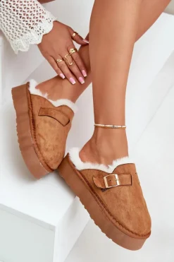 Kapcie Damskie Na Grubej Podeszwie Z Futerkiem I Klamrą Camel Linneola