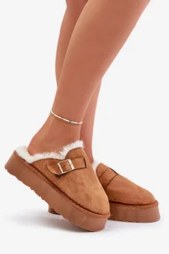 Kapcie Damskie Na Grubej Podeszwie Z Futerkiem I Klamrą Camel Linneola