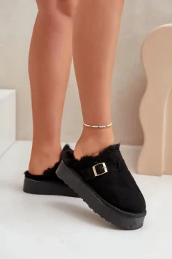 Kapcie Damskie Na Grubej Podeszwie Z Futerkiem I Klamrą Czarne Linneola