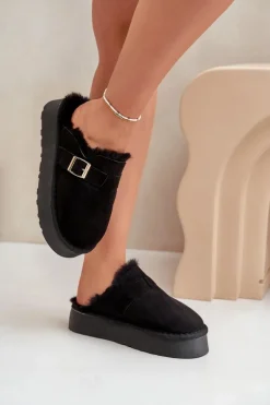 Kapcie Damskie Na Grubej Podeszwie Z Futerkiem I Klamrą Czarne Linneola