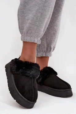 Kapcie Damskie Na Platformie Z Futerkiem Czarne Linaris