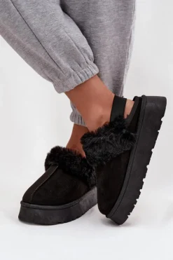Kapcie Damskie Na Platformie Z Futerkiem Czarne Linaris