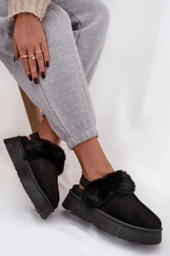 Kapcie Damskie Na Platformie Z Futerkiem Czarne Linaris