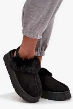 Kapcie Damskie Na Platformie Z Futerkiem Czarne Linaris