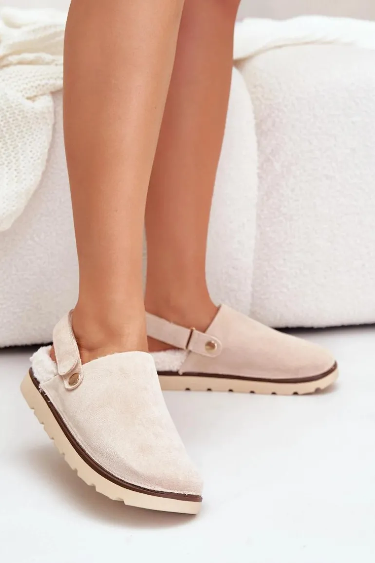 Kapcie Damskie Na Platformie Ocieplane Futerkiem Typu Baranek Beżowe Sanilora