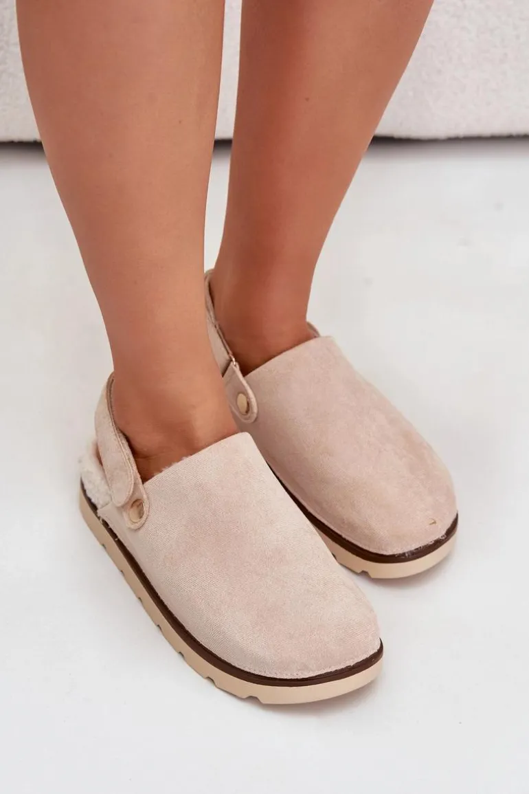 Kapcie Damskie Na Platformie Ocieplane Futerkiem Typu Baranek Beżowe Sanilora