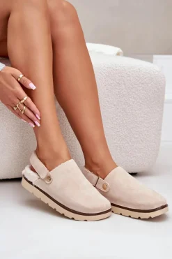Kapcie Damskie Na Platformie Ocieplane Futerkiem Typu Baranek Beżowe Sanilora