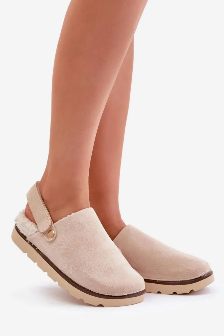 Kapcie Damskie Na Platformie Ocieplane Futerkiem Typu Baranek Beżowe Sanilora