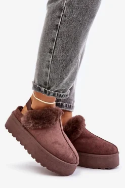 Kapcie Damskie Na Platformie Z Futerkiem Brązowe Linaris