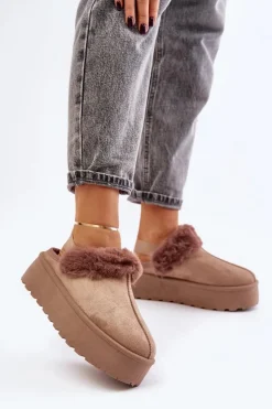Kapcie Damskie Na Platformie Z Futerkiem Ciemnobeżowe Linaris