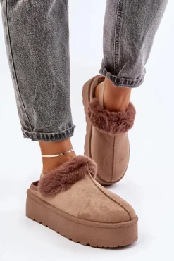 Kapcie Damskie Na Platformie Z Futerkiem Ciemnobeżowe Linaris