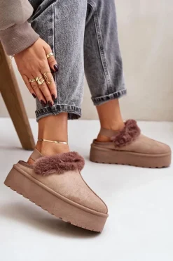 Kapcie Damskie Na Platformie Z Futerkiem Ciemnobeżowe Linaris