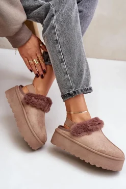 Kapcie Damskie Na Platformie Z Futerkiem Ciemnobeżowe Linaris