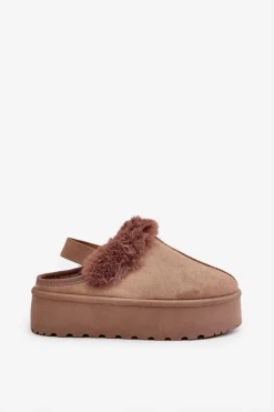 Kapcie Damskie Na Platformie Z Futerkiem Ciemnobeżowe Linaris
