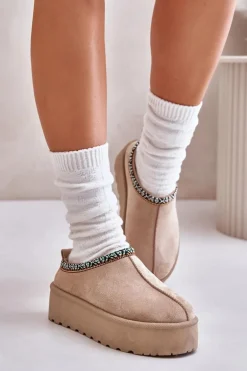 Kapcie Damskie Na Platformie Z Haftem Beżowe Neroma