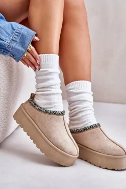 Kapcie Damskie Na Platformie Z Haftem Beżowe Neroma