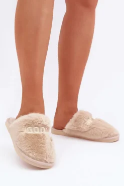 Kapcie Damskie Z Futerkiem I Napisem Beżowe Kalelia