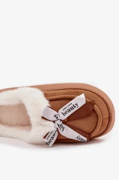 Kapcie Damskie Z Futerkiem I Kokardką Brązowe Fenella
