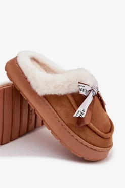 Kapcie Damskie Z Futerkiem I Kokardką Brązowe Fenella