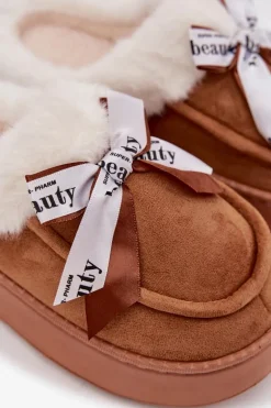 Kapcie Damskie Z Futerkiem I Kokardką Brązowe Fenella