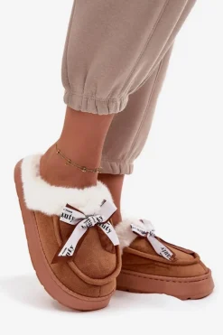 Kapcie Damskie Z Futerkiem I Kokardką Brązowe Fenella