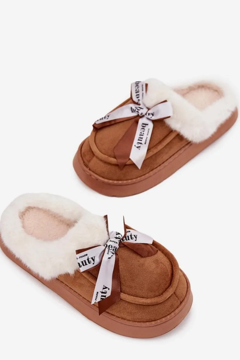 Kapcie Damskie Z Futerkiem I Kokardką Brązowe Fenella