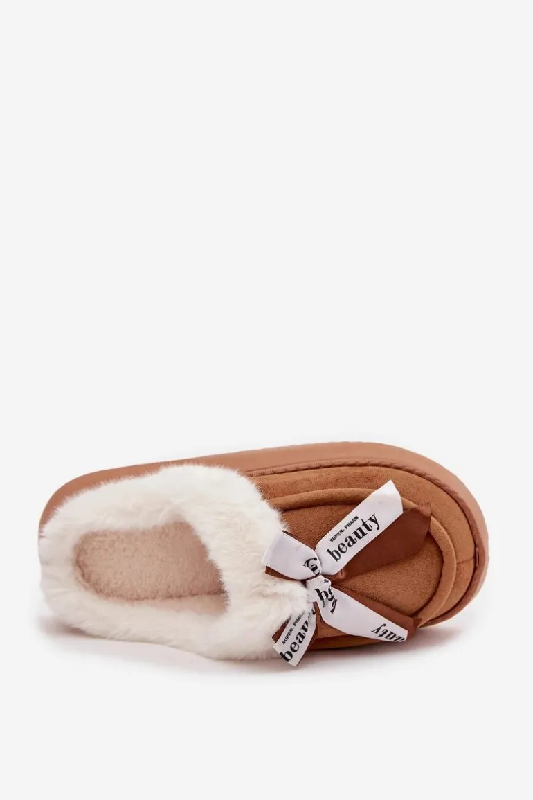 Kapcie Damskie Z Futerkiem I Kokardką Brązowe Fenella