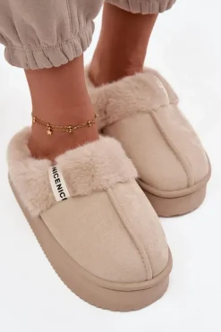Kapcie Damskie Z Futerkiem Jasnobeżowe Parisse