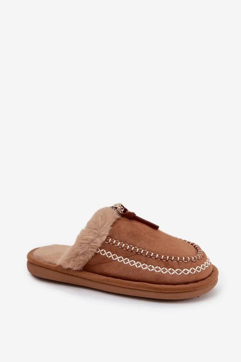 Kapcie Damskie Z Futerkiem I Haftem Brązowe Perivelle