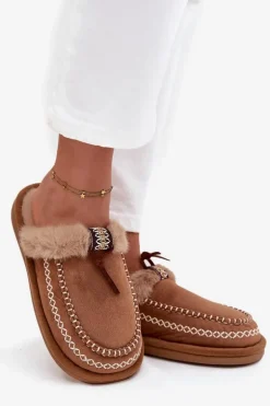 Kapcie Damskie Z Futerkiem I Haftem Brązowe Perivelle