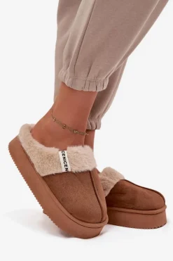 Kapcie Damskie Z Futerkiem Brązowe Parisse