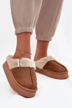 Kapcie Damskie Z Futerkiem Brązowe Parisse