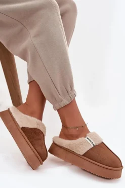 Kapcie Damskie Z Futerkiem Brązowe Parisse