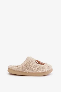 Kapcie Damskie Z Futerkiem Typu Baranek I Misiem Beżowe Temiena