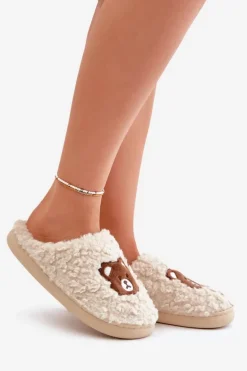 Kapcie Damskie Z Futerkiem Typu Baranek I Misiem Beżowe Temiena