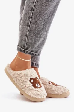 Kapcie Damskie Z Futerkiem Typu Baranek I Misiem Beżowe Temiena