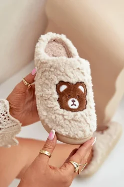 Kapcie Damskie Z Futerkiem Typu Baranek I Misiem Beżowe Temiena